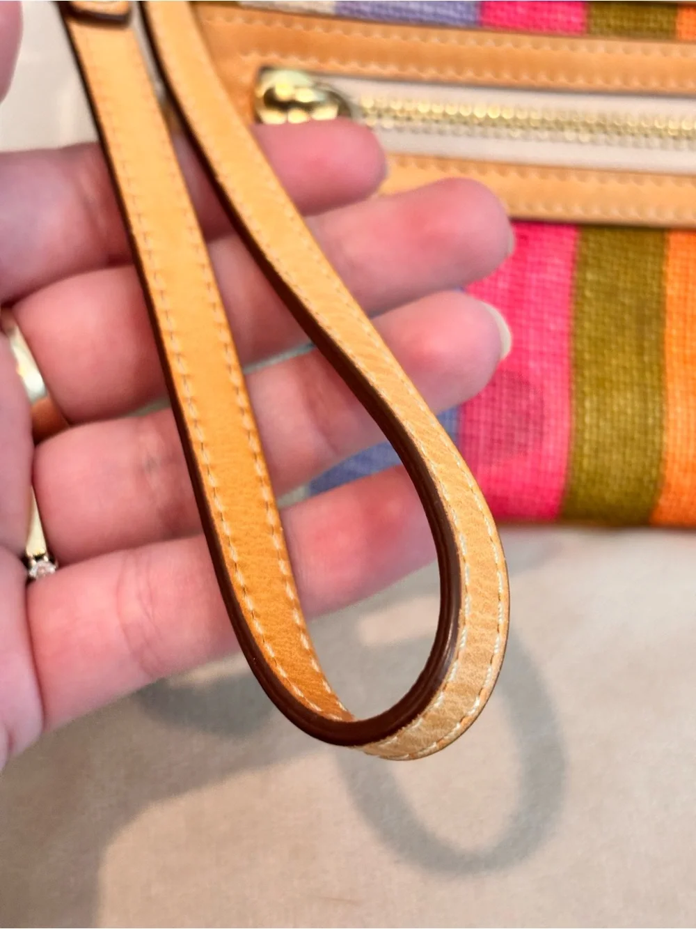 Coach Multicolor Striped Canvas & Leather Wristlet - Orange, Purple, Pink, Brown